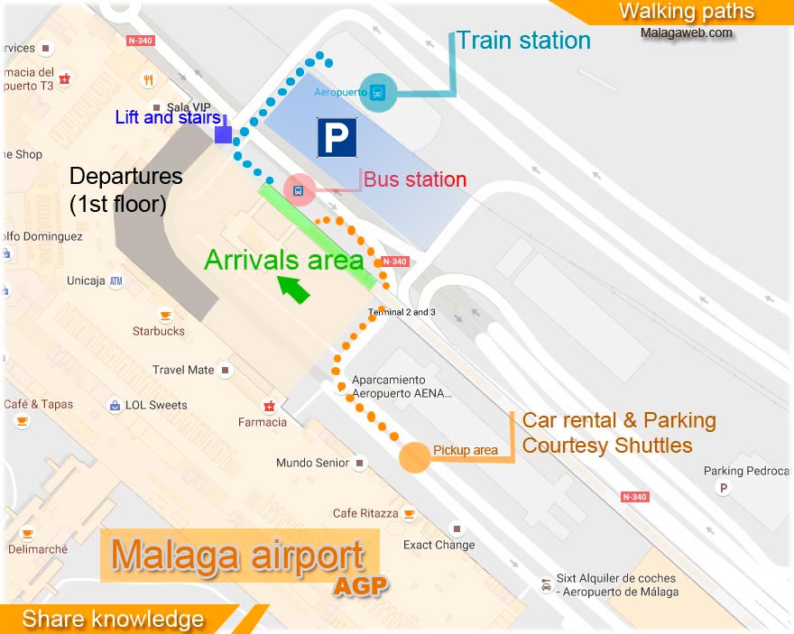 Malaga airport transport map for arrivals and departures